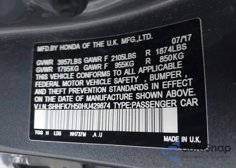 2017 Honda Civic Ex from USA, damaged, VIN SHHFK7H50HU429874